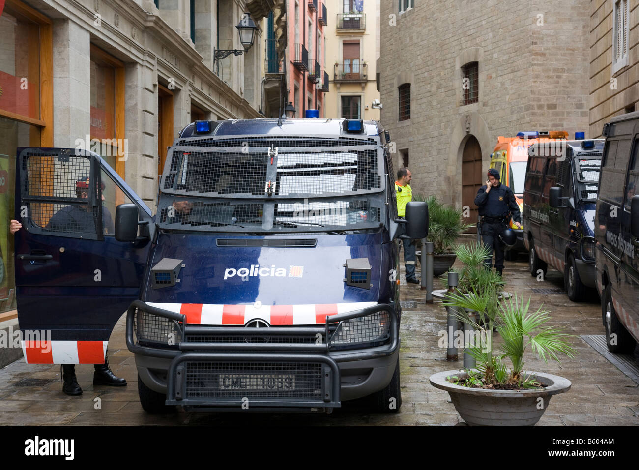 Spanish Police on a mission on Barcelona Spain Spanish La Rambla or Les Rambles (Catalan) / Las Ramblas Stock Photo