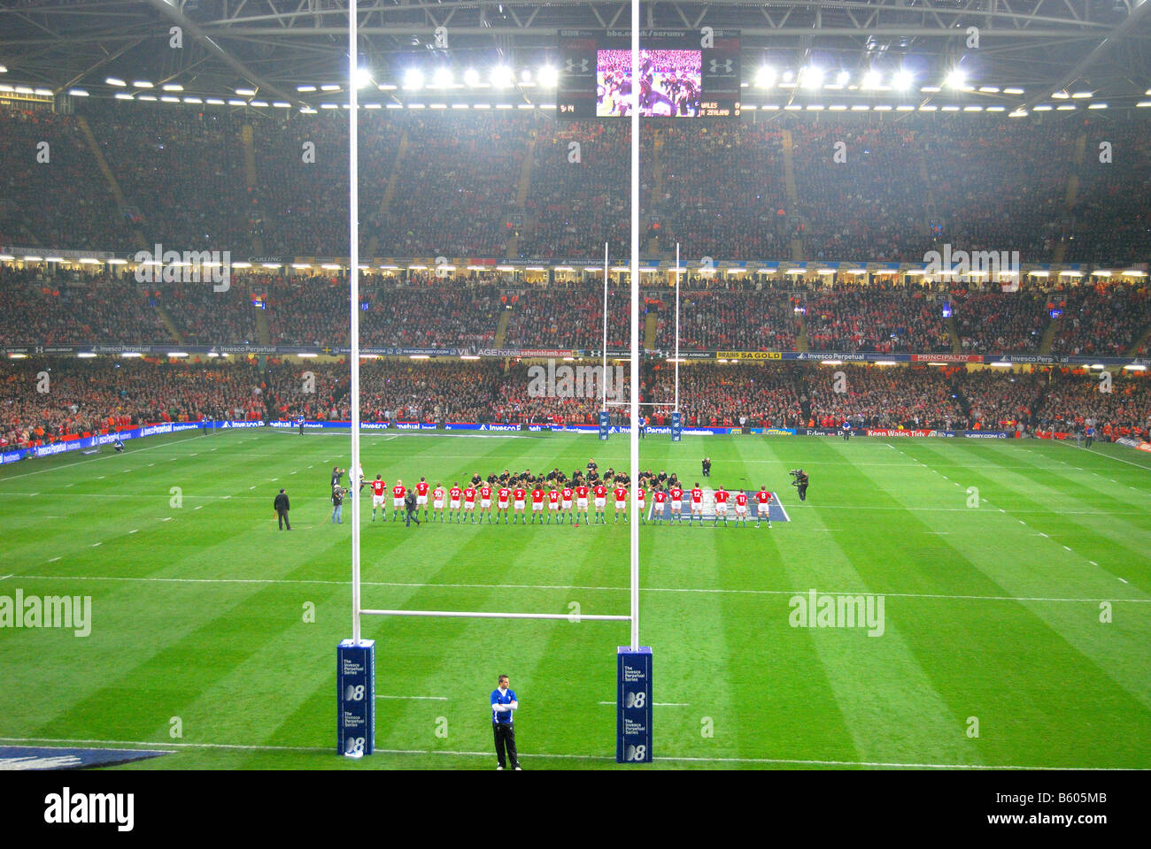 All Black rugby team doing haka before match with Wales, Millenium