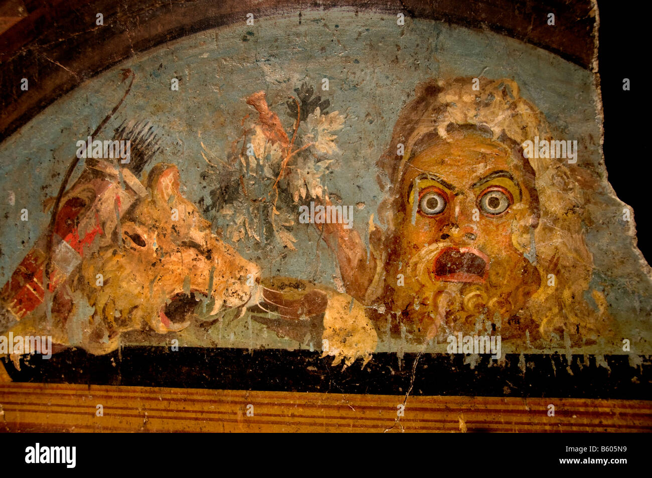 Fresco depicting a reclining  mask and symbols of Heracles 50 79 AD Pompeian  Pompeii  Italy roman Stock Photo