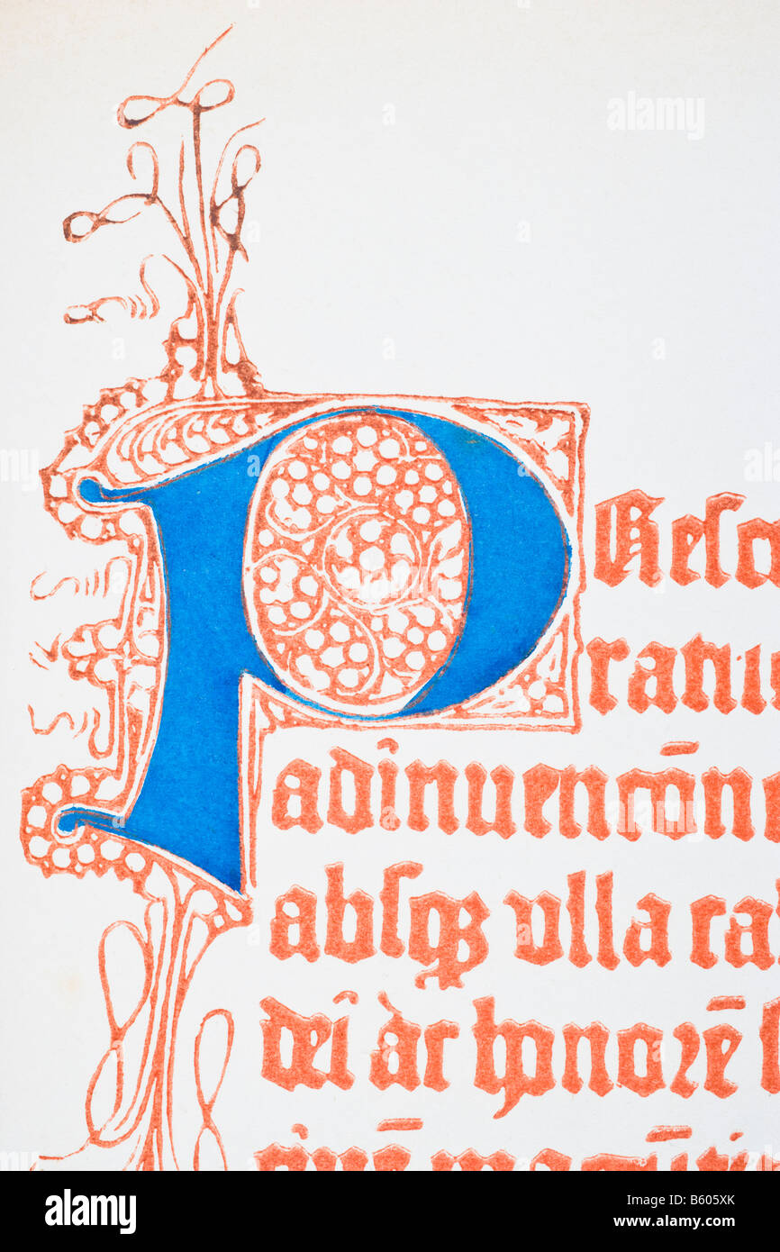 Part of a page with illuminated capital P from the 1459 edition of Fust and Schoiffer's Latin psalter Stock Photo
