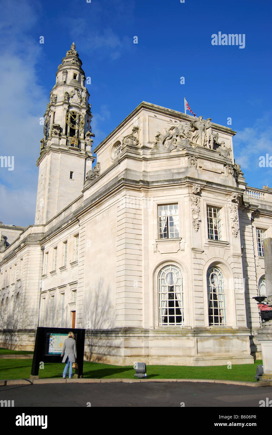 City Hall showing Clock Tower, Cathays Park, Cardiff, Wales, United Kingdom Stock Photo