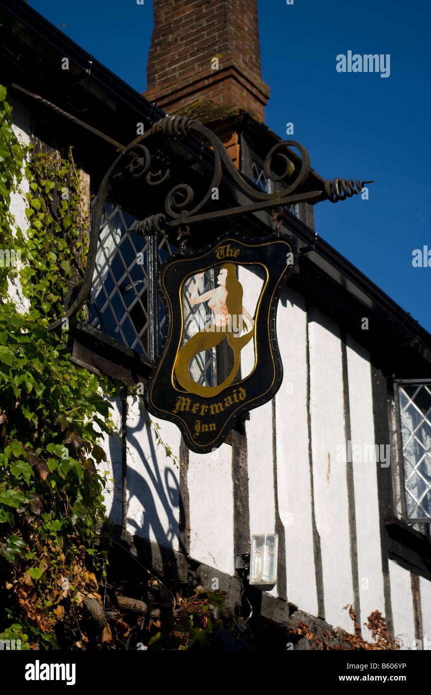 The Mermaid Inn Pub Sign Mermaid Street in The Historic Cinque Ports Town of Rye East Sussex UK Pub Signs Stock Photo