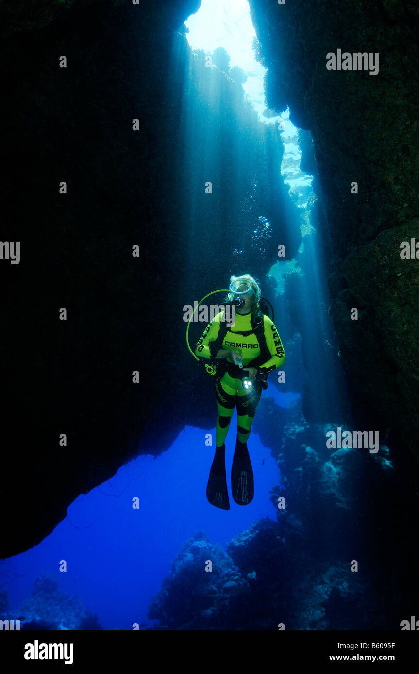 grot grotto scuba diver in cave with light reflexes, Red Sea Stock ...