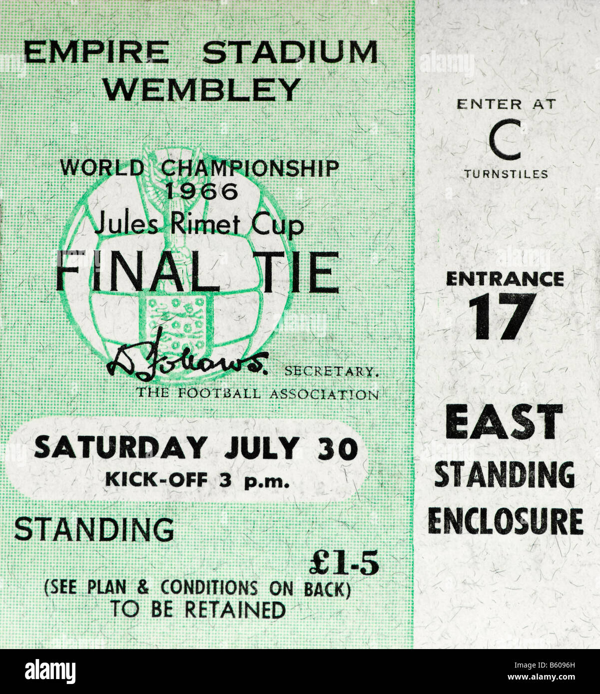 Close up shot of a genuine 1966 World Cup Final ticket (England 4 - Germany 2) Stock Photo