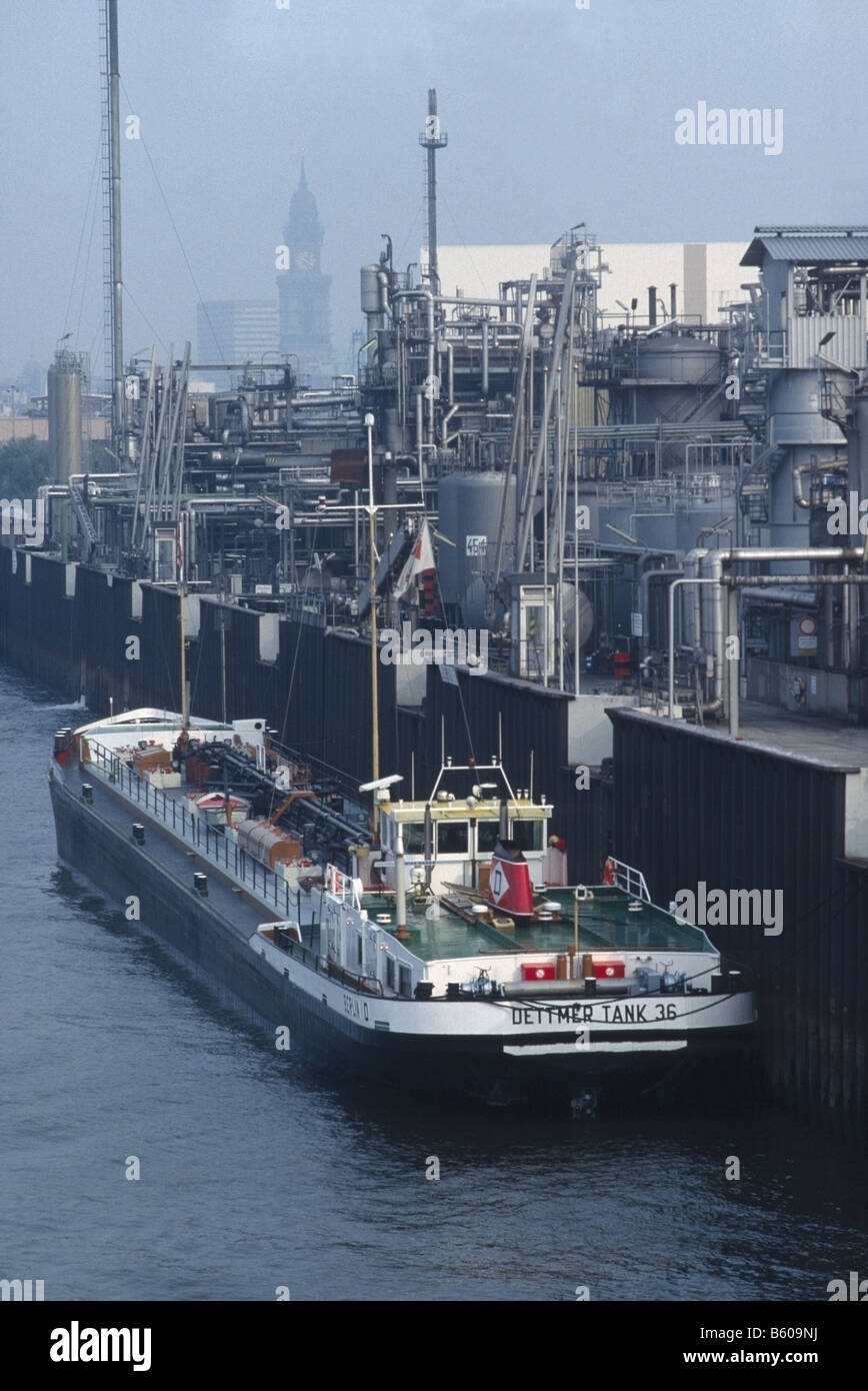 Tankbarge "Dettmer Tank 36" at a Refinery Pier in the Port of Hamburg. Stock Photo