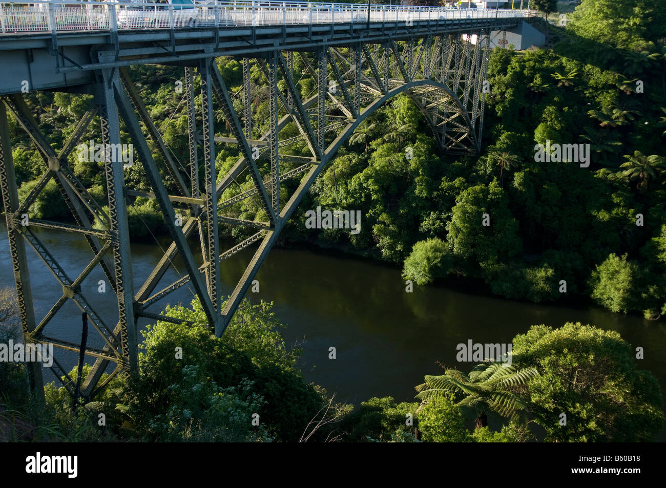 Bridge over the Waikato river with cars on it, Cambridge, New Zealand, Stock Photo