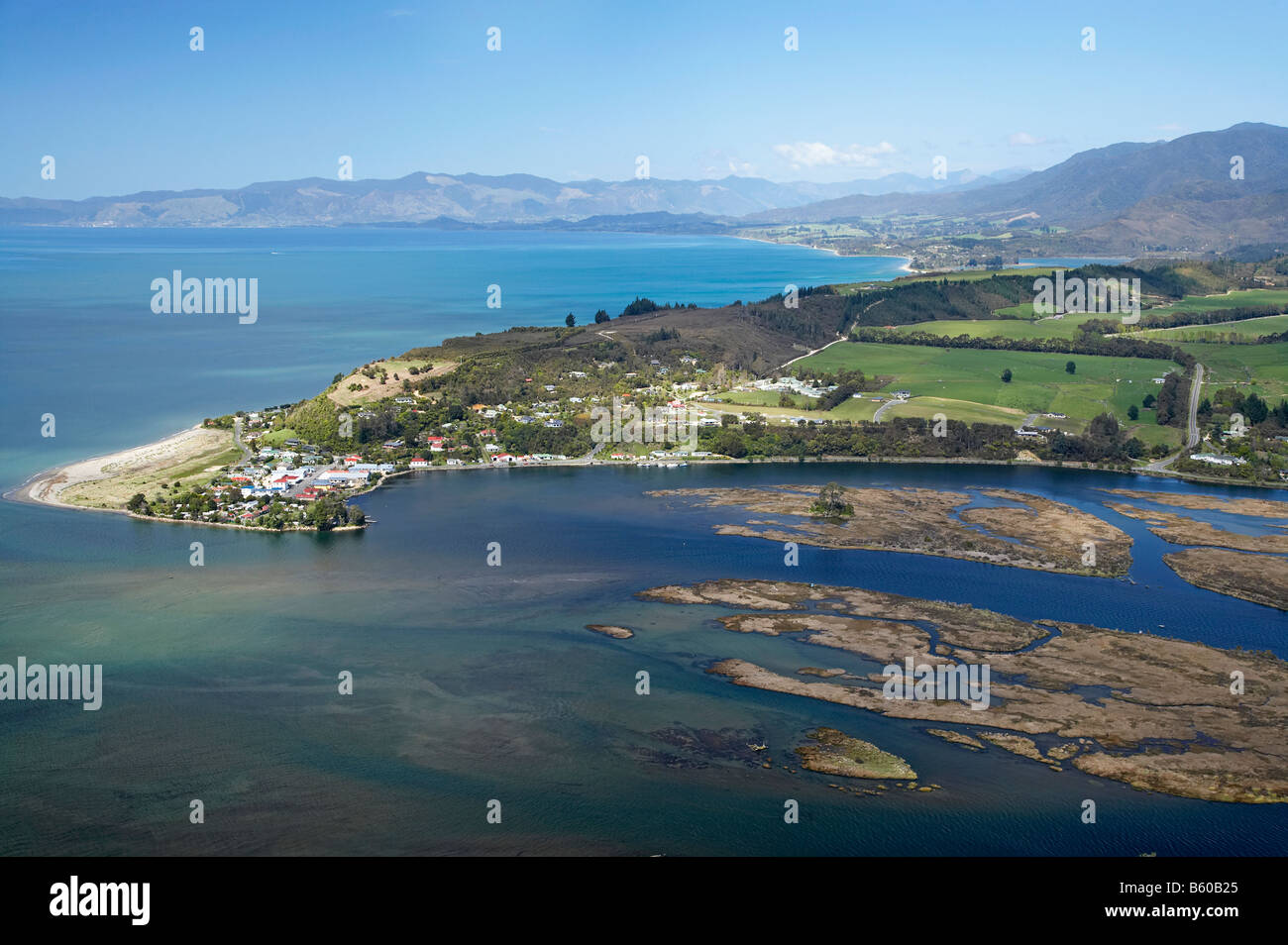 Collingwood and Aorere River Estuary Golden Bay Nelson Region South Island New Zealand aerial Stock Photo