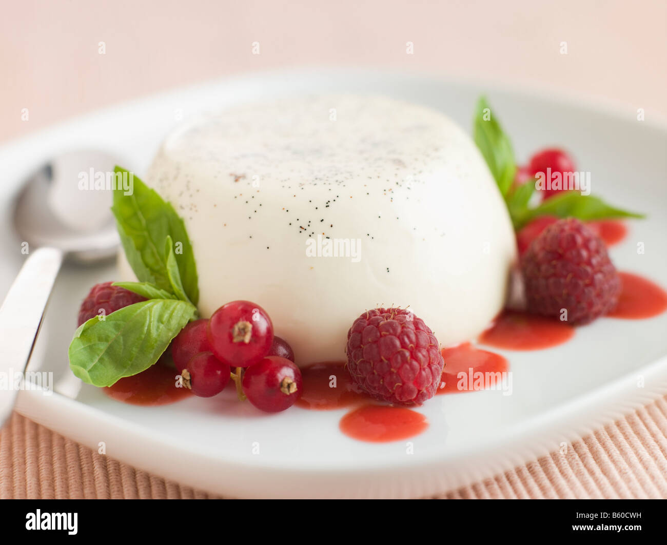 Vanilla Panna cotta with Raspberries Redcurrants and Coulis Stock Photo