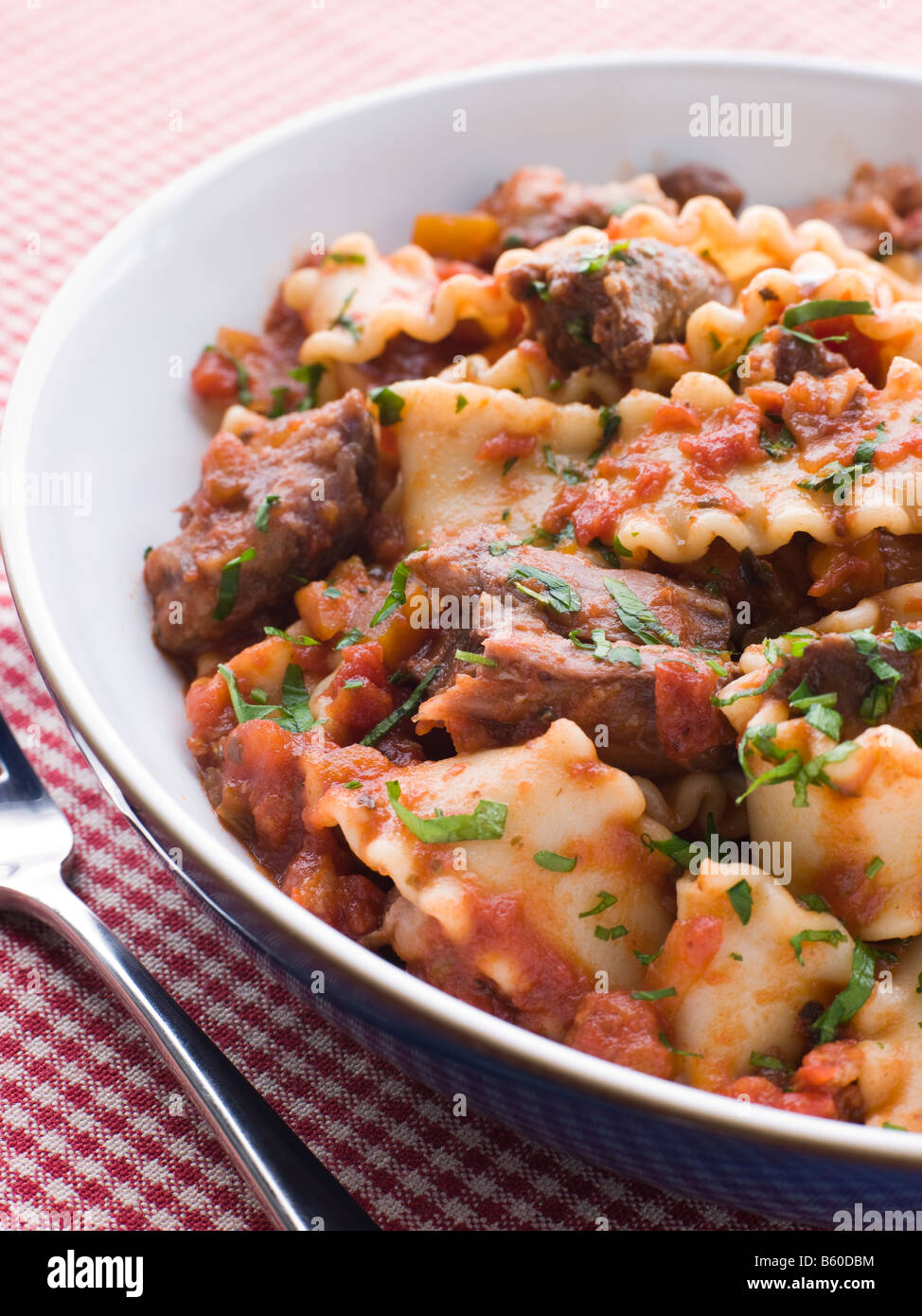 Strips of Fillet Steak in a Chilli Tomato Sauce with Trompetti Pasta