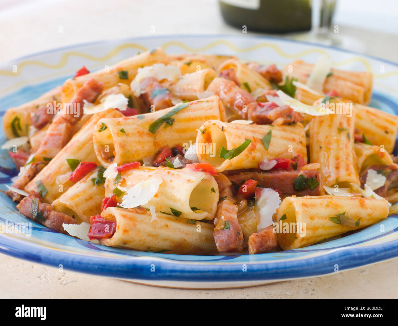Rigatoni Pasta with a Tomato and Pancetta Sauce Stock Photo