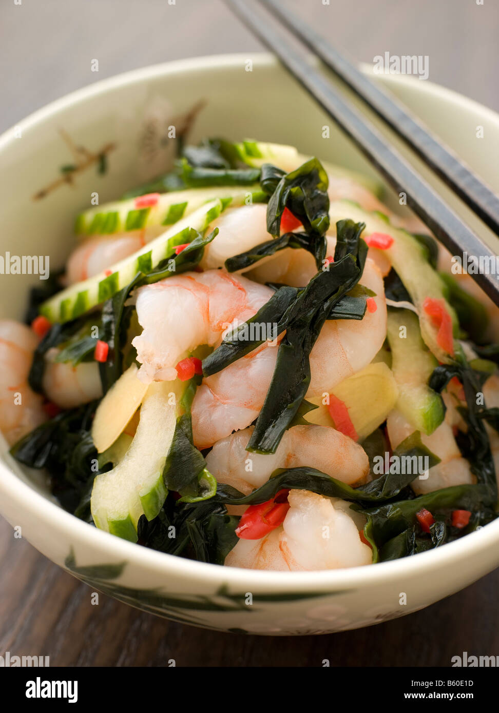 Tiger Prawn Wakame and Cucumber Salad with Ginger Stock Photo