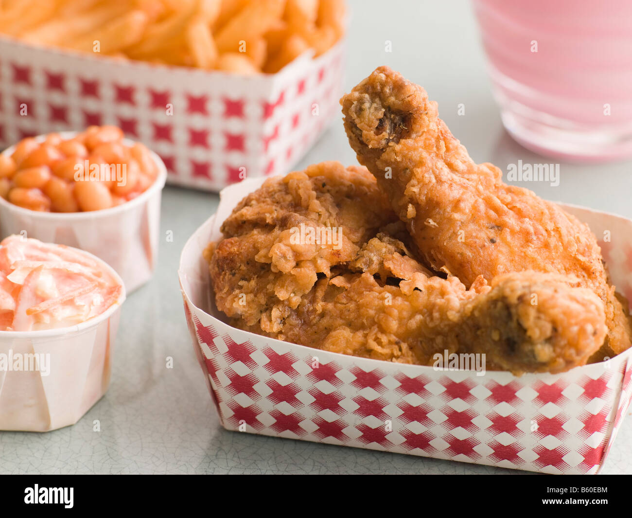 Southern Fried Chicken Coleslaw Baked Beans Fries and Strawberry