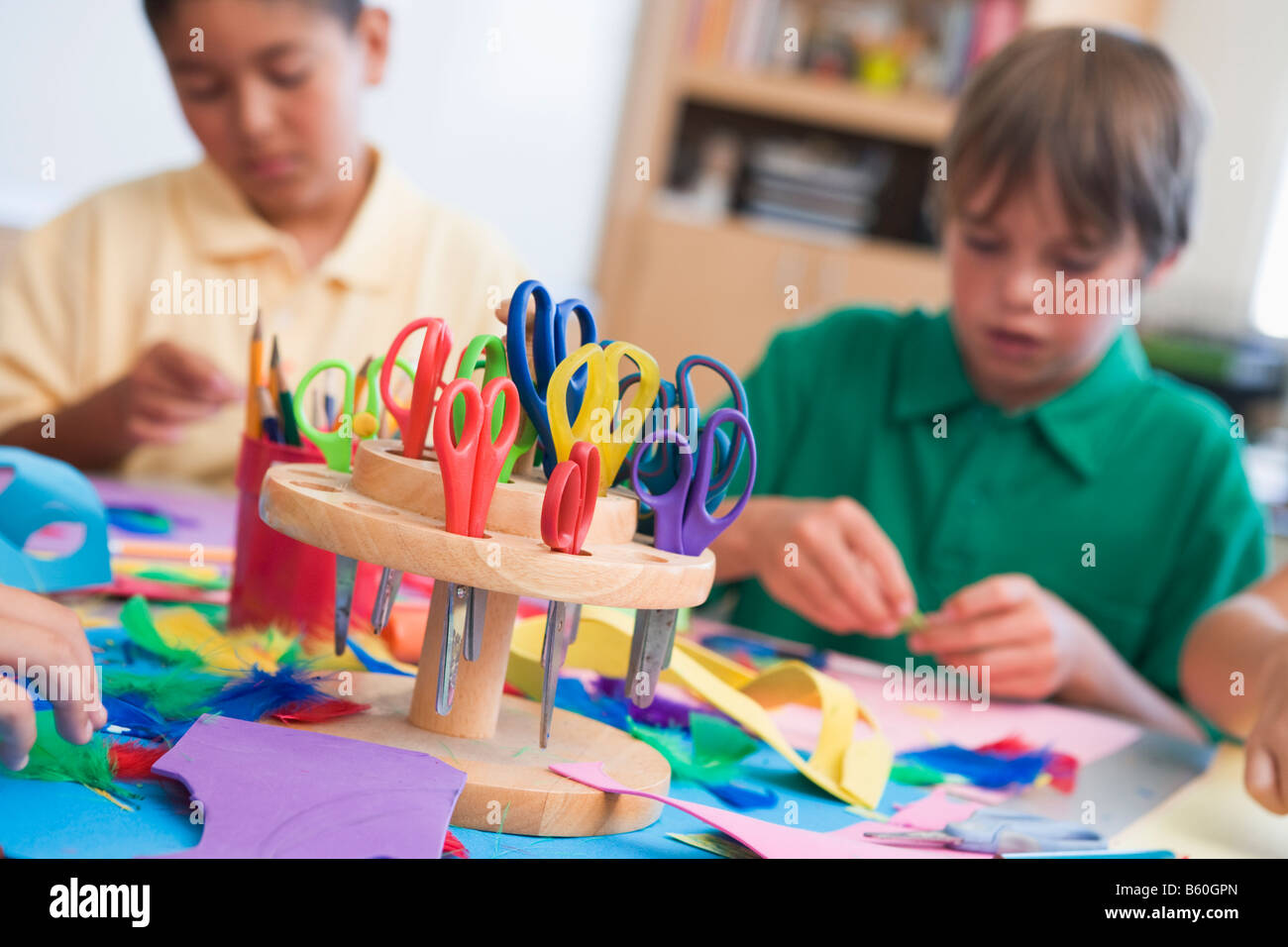 Students in art class with supplies in foreground (selective focus) Stock Photo