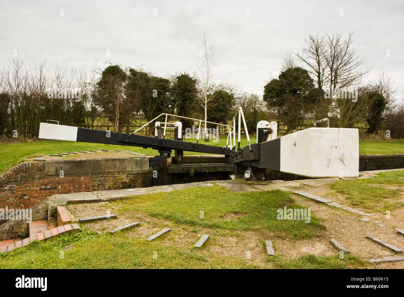 View of typical English canal lock gate showing heavy beams that are
