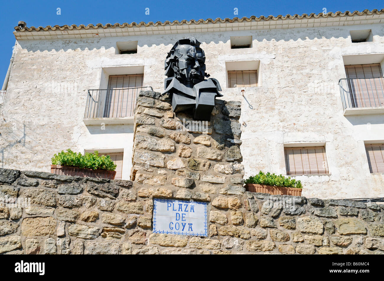 Monument for Francisco de Goya on the Museum at his place of birth, Fuendetodos, Aragon, Spanien, Europa Stock Photo