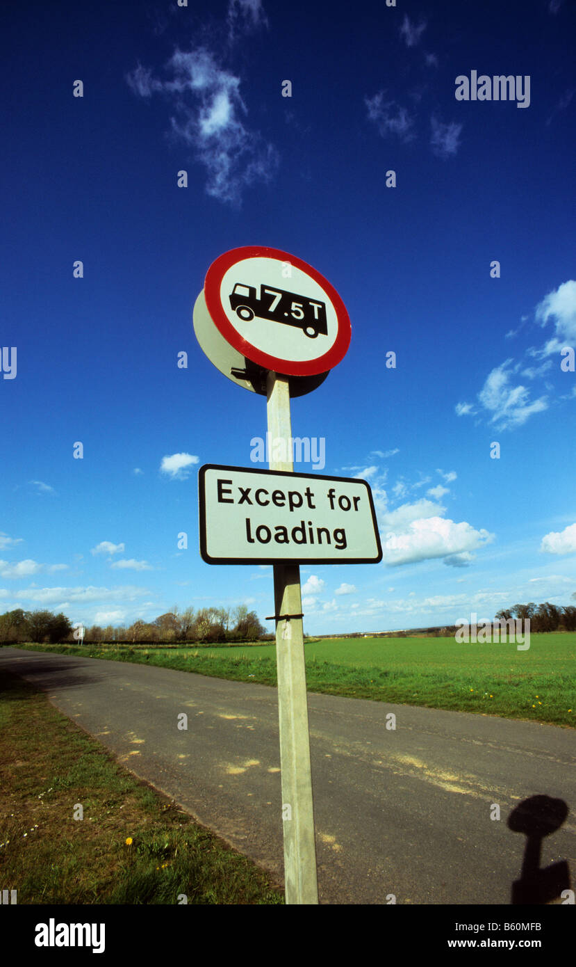 warning sign of weight restriction of 7 5 tons on road ahead for heavy goods vehicles except for loading near the village of Lum Stock Photo