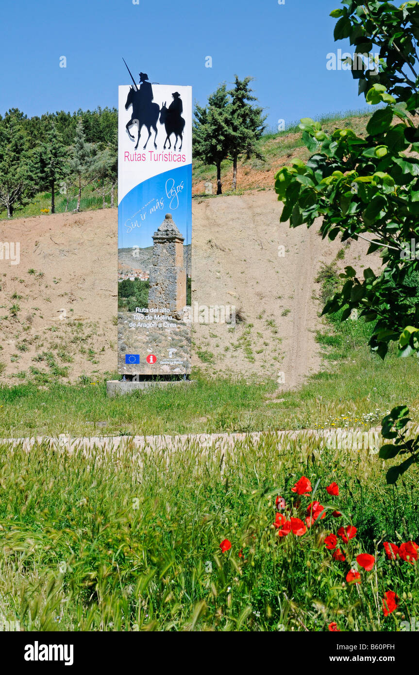 Rutas turisticas, route Don Quijote, tourist route, tourism, sign, signpost, Molina de Aragon, Castille La Mancha, Spain, Europe Stock Photo