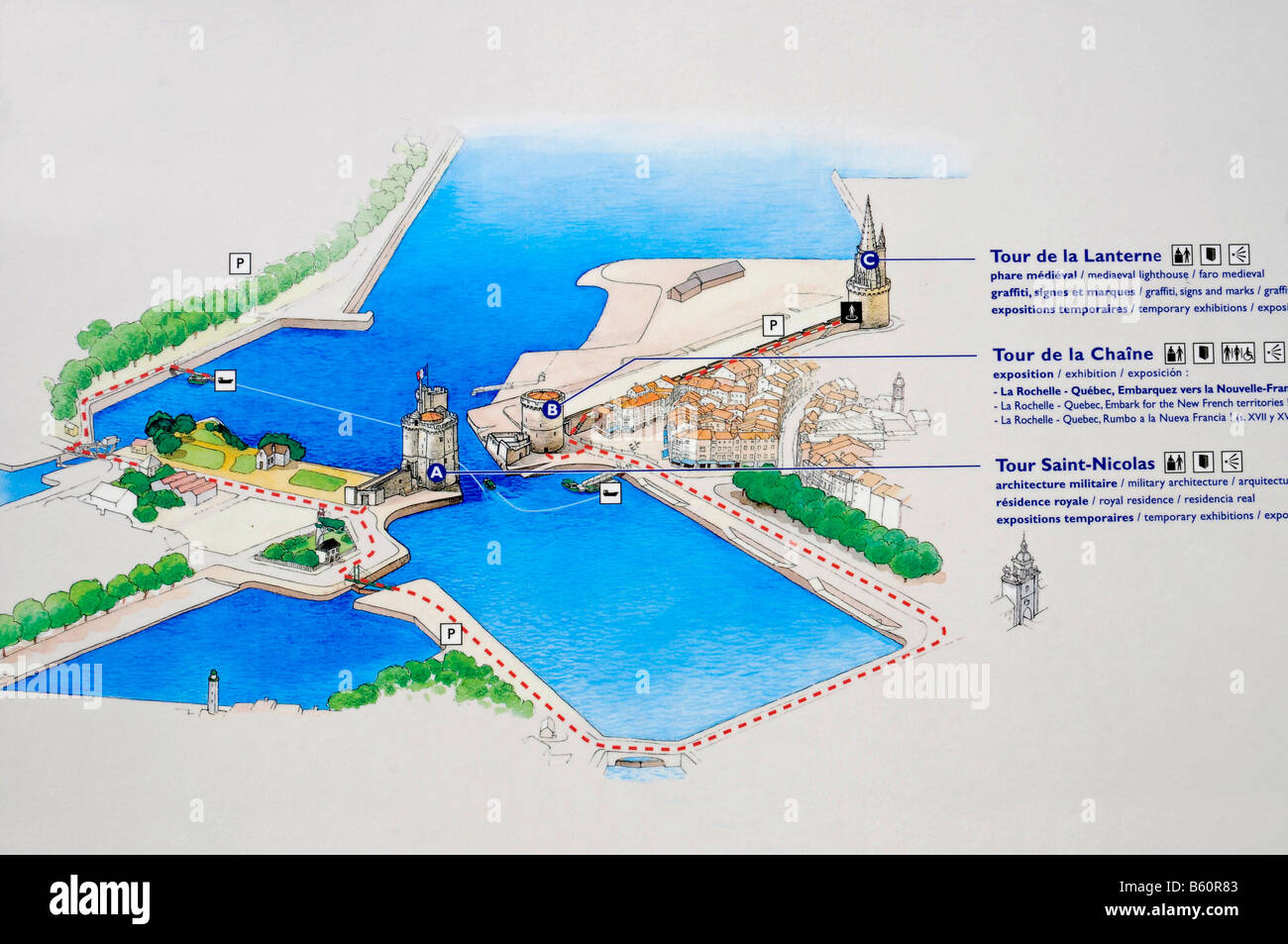 Plan, overview, Tour Saint Nicolas, Tour de la Chaine, Tour de la Lanterne, towers, harbour, La Rochelle, Poitou Charentes Stock Photo