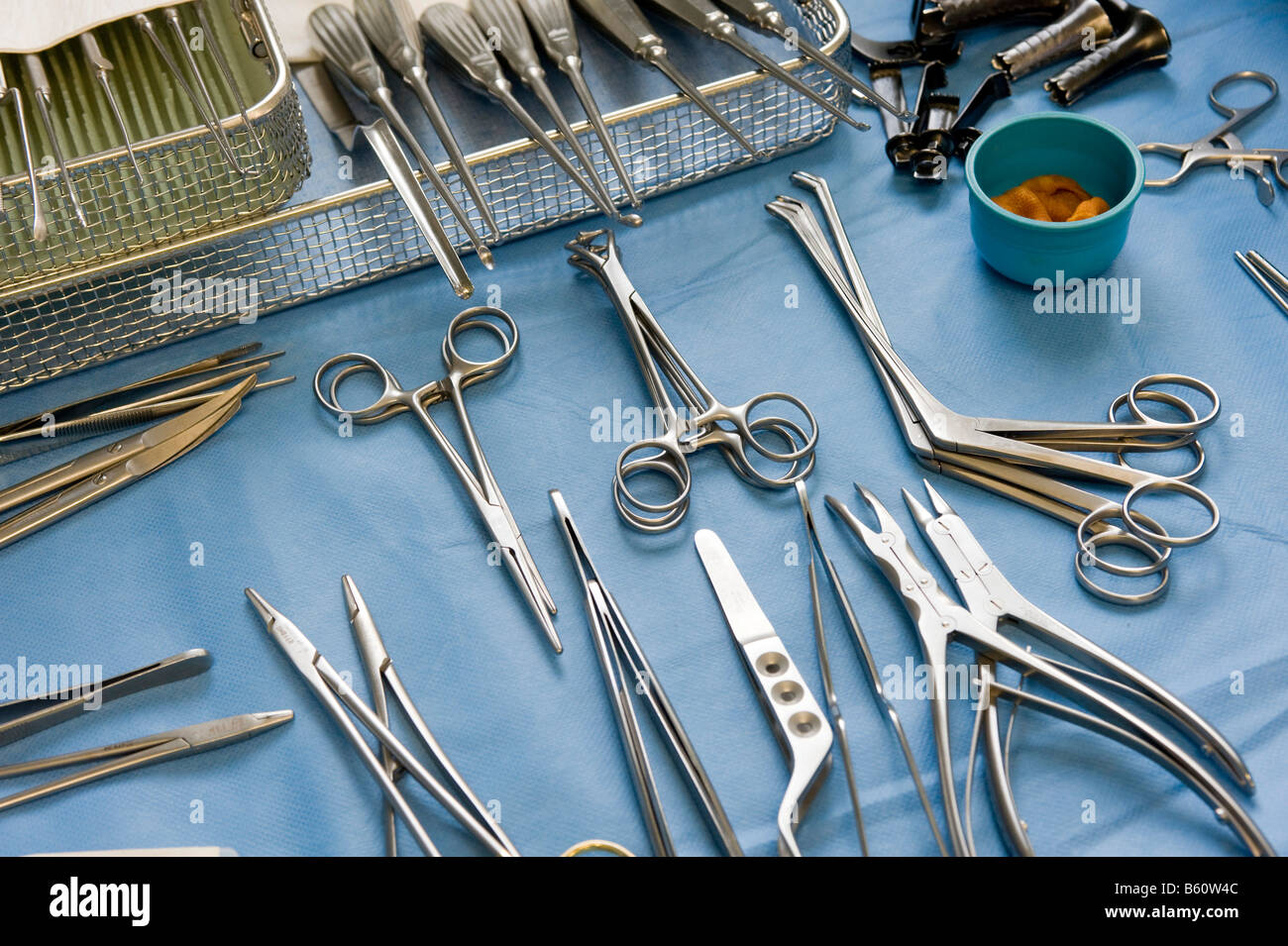 Sterile operating instruments prepared for an operation, Neurosurgery operating room, Oberschwaben clinic St. Elisabeth Hospital Stock Photo