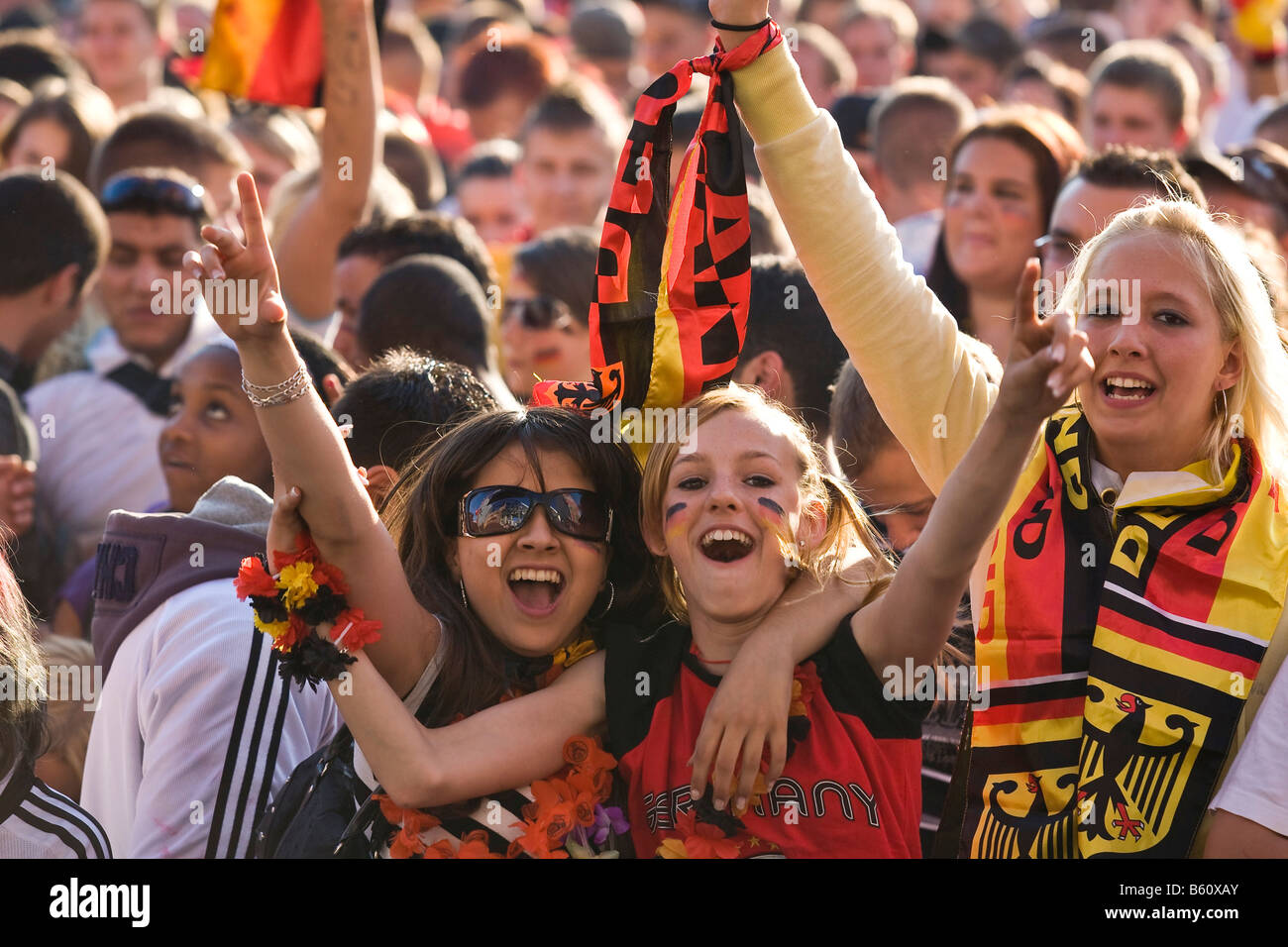 Young fans watching the final game of the football EM on the Berlin fan mile, Berlin Stock Photo