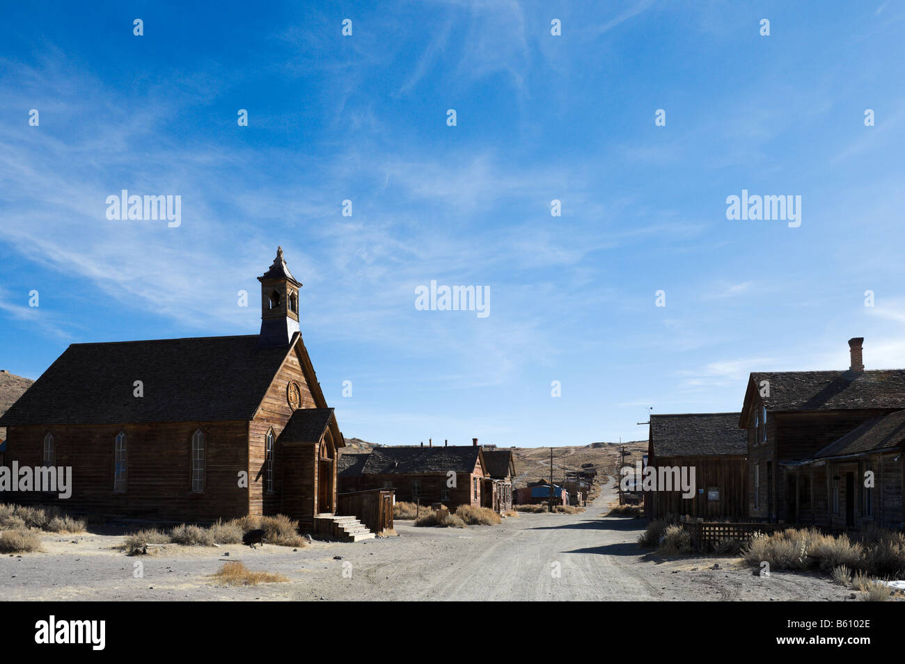 Green Street in the 19thC gold mining ghost town of Bodie, near Bridgeport, Sierra Nevada Mountains, California Stock Photo