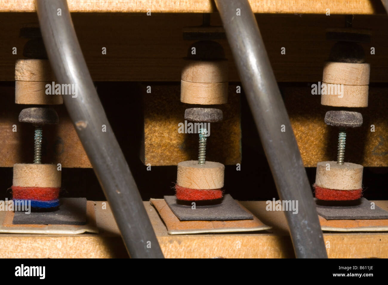 The soundboard, or chest, or windchest that directs the wind to the pipes, a privately restored church organ at Orgelhof Stock Photo