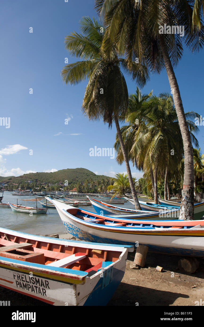 Fishing boats on Pampatar Beach, Margarita Island, Caribbean, Venezuela, South America Stock Photo