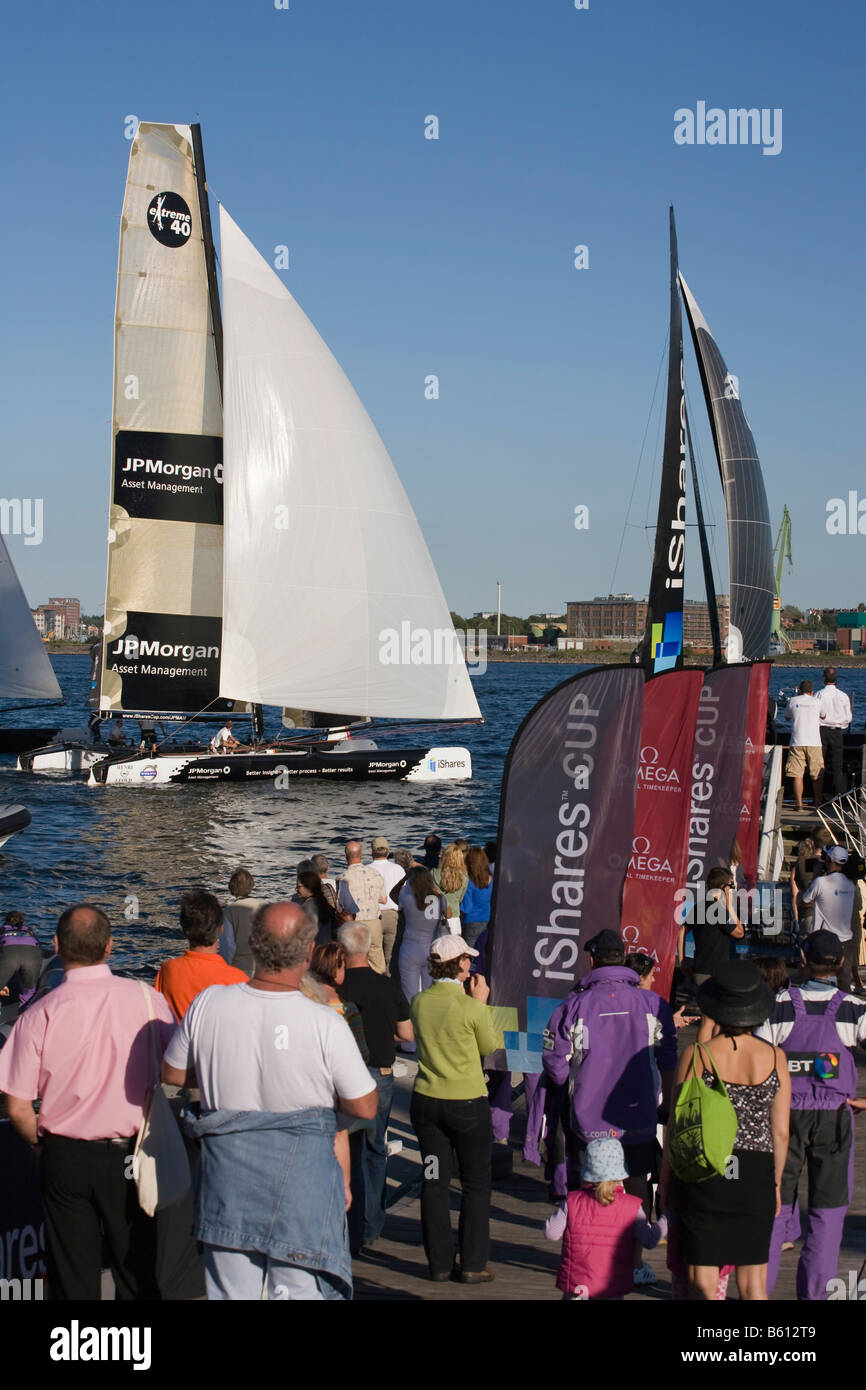 Spectators, catamarans, iShares Cup 2008, Kiel, Schleswig-Holstein Stock Photo