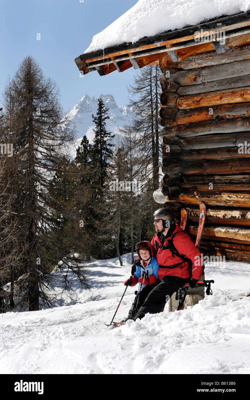 Skiers taking a break at a cabin, Sella Ronda, Dolomite Alps, Bolzano-Bozen, Trentino, Italy, Europe Stock Photo