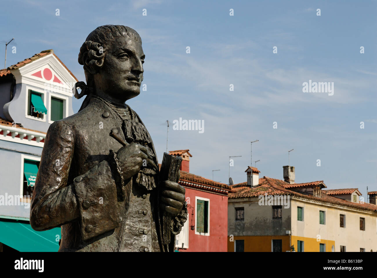 Monument, Baldassare Galuppi detto Buranello, composer, located on Piazza Galuppi on Burano, an island in the Venetian Lagoon Stock Photo