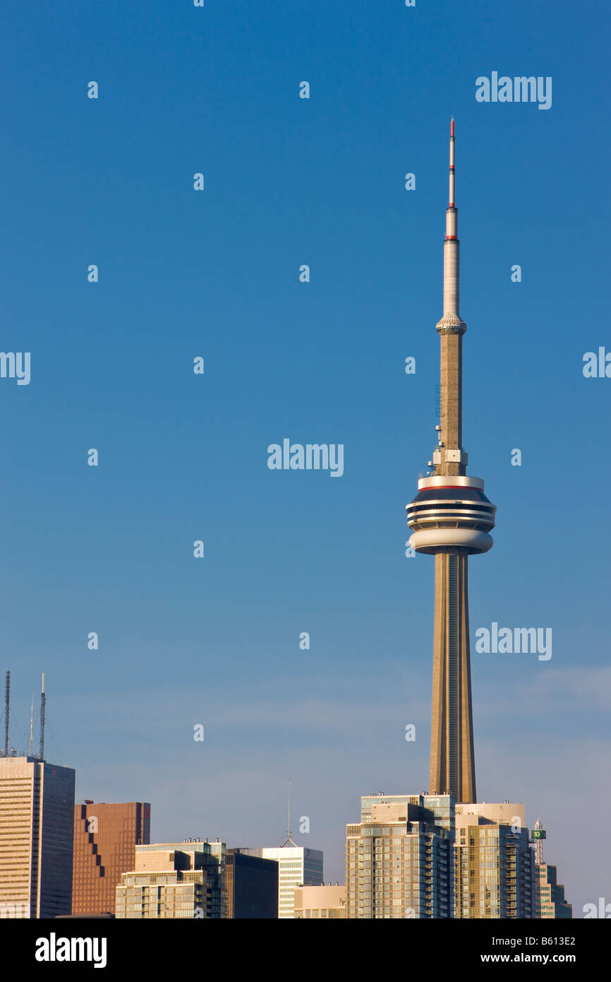 CN Tower in the City of Toronto seen from Ontario Place in, Toronto, Lake Ontario, Ontario, Canada Stock Photo