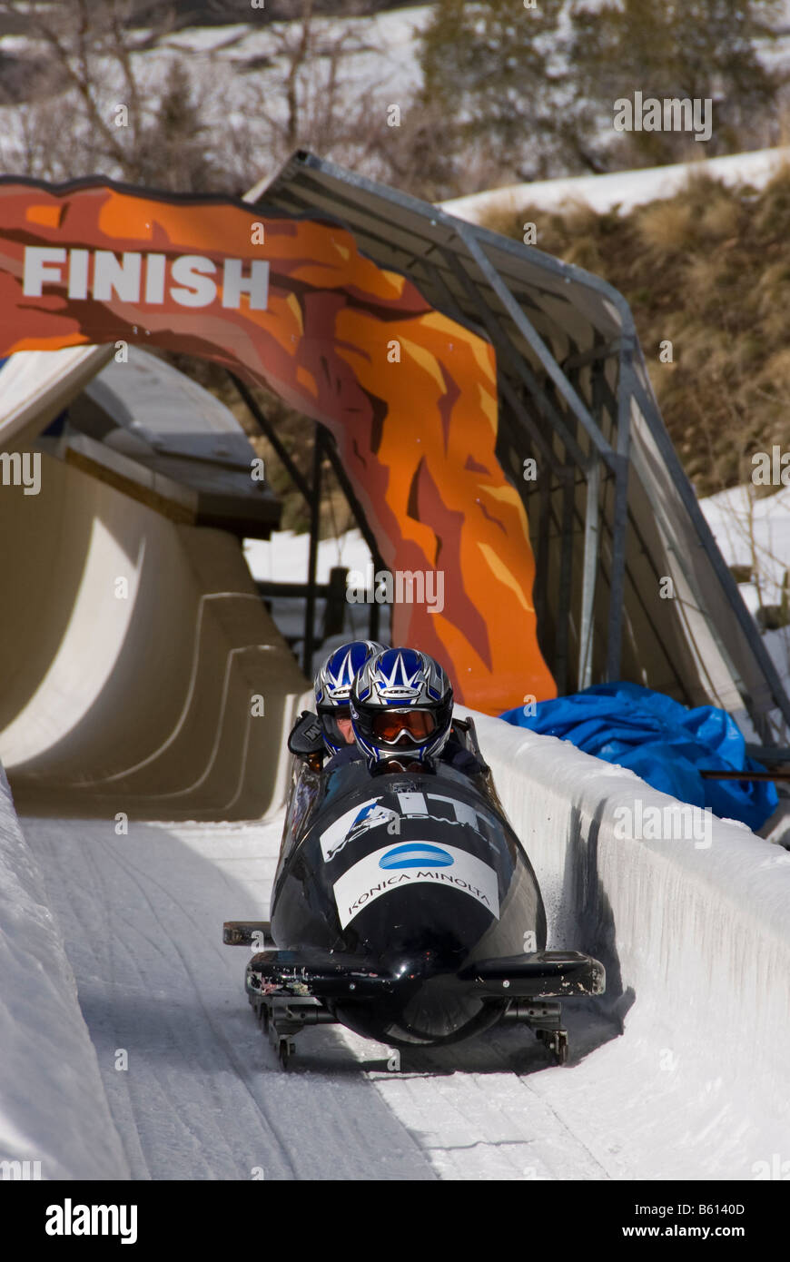 Driver and brakeman cross the bobsled finish line, Utah Olympic Park