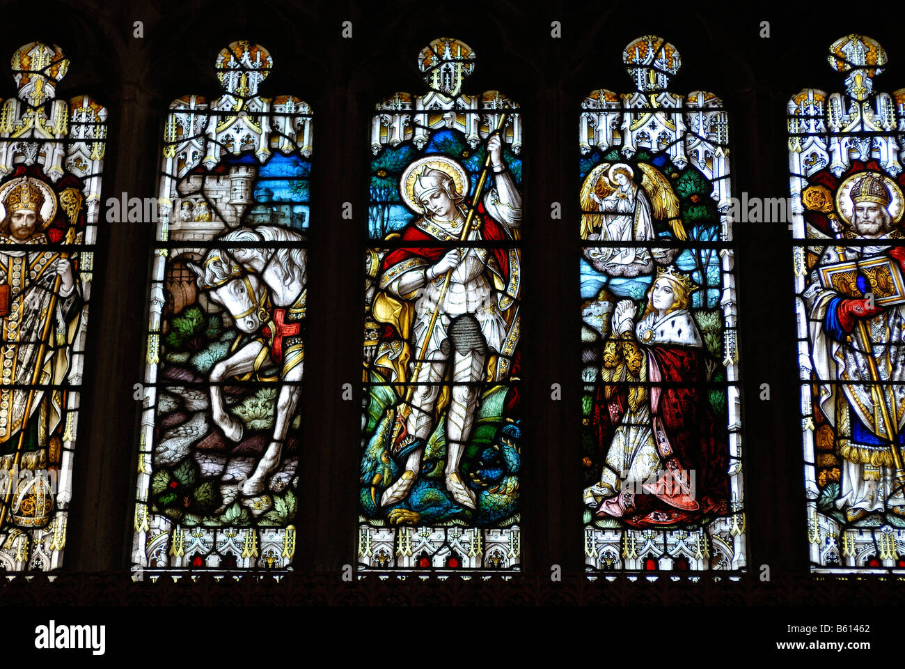 Saints in a church window, St. Andrew's Cathedral, Gothic cathedral, Wells, Mendip, Somerset, England, Great Britain, Europe Stock Photo