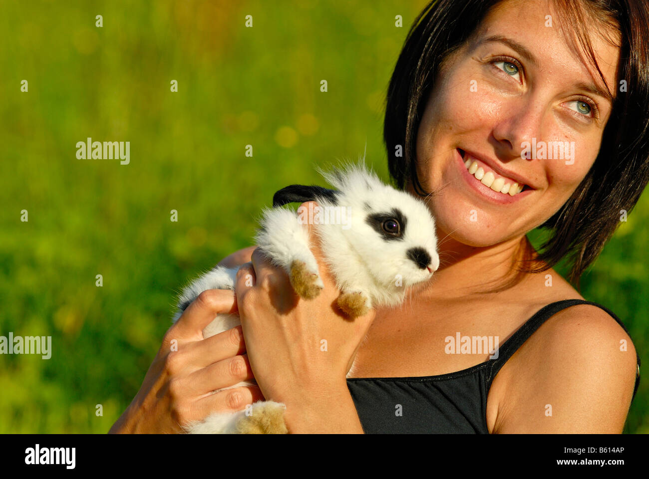 Young woman holding a Pygmy Rabbit (Brachylagus idahoensis) Stock Photo