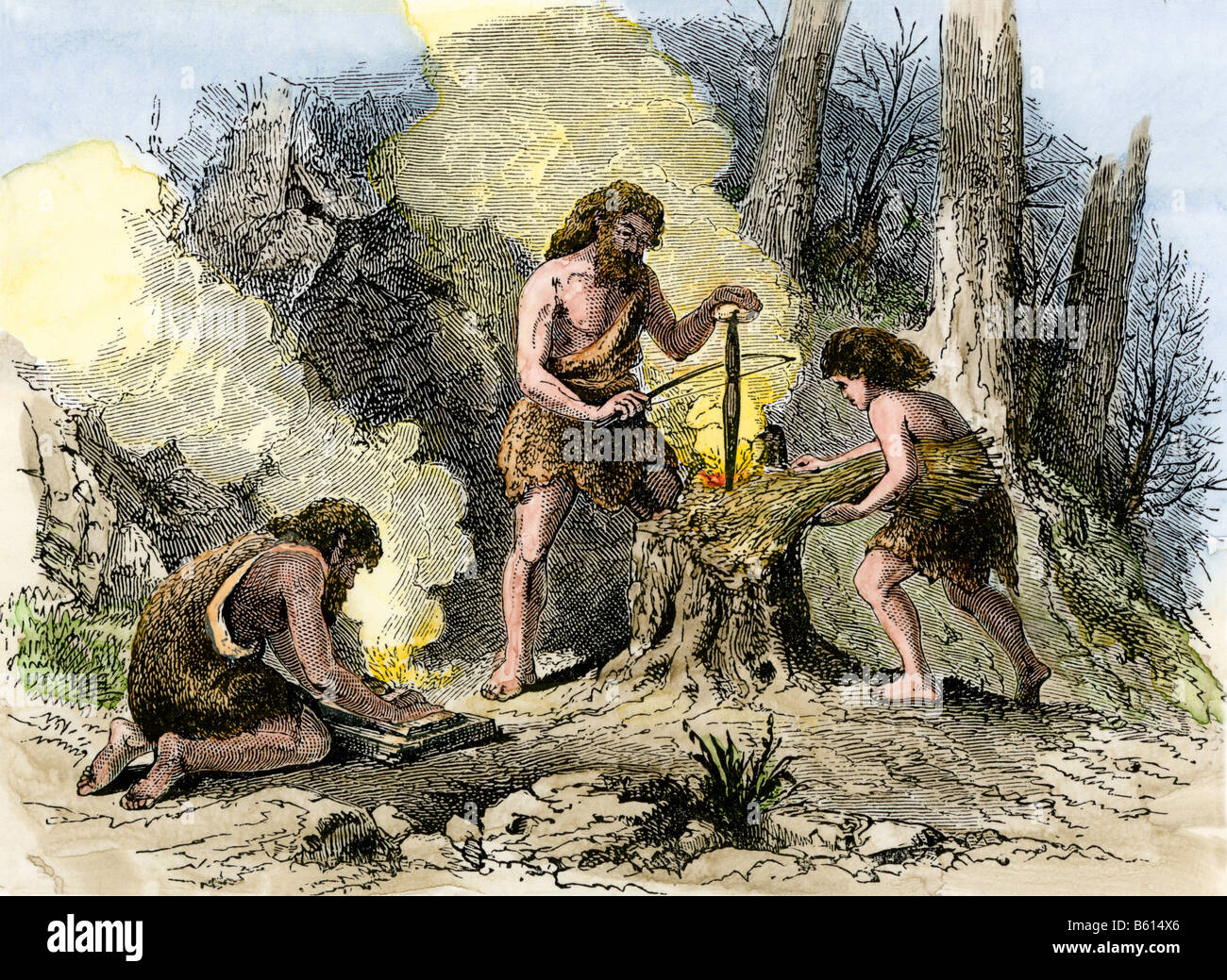 Humans discovering how to make fire in prehistoric times. Hand-colored woodcut Stock Photo