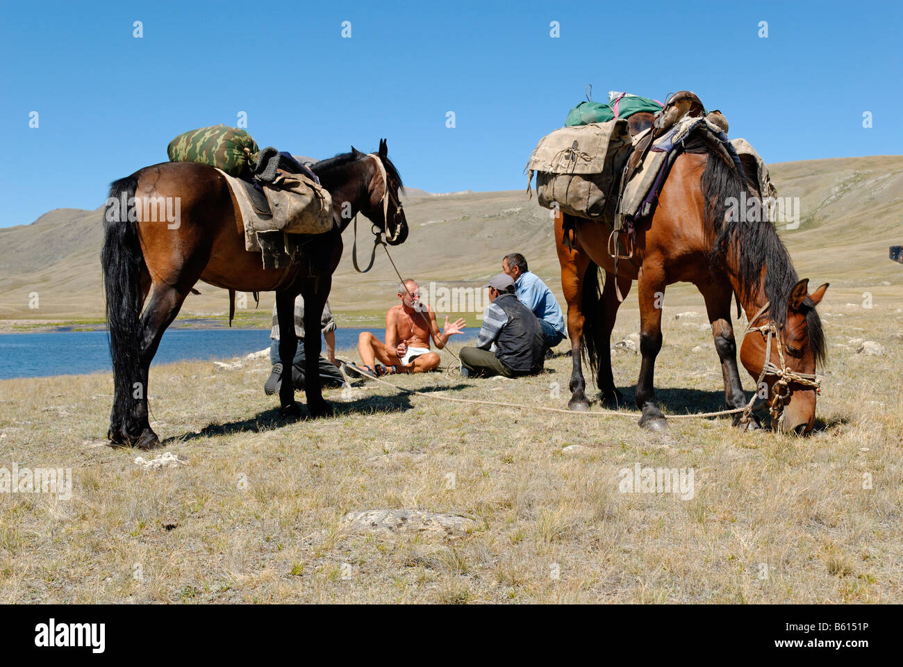 Europeans and Mongolians, Altaiens with horses, Saljugem, Sailughem, Saylyugem Mountains, Tschuja Steppes, Altai Republic Stock Photo