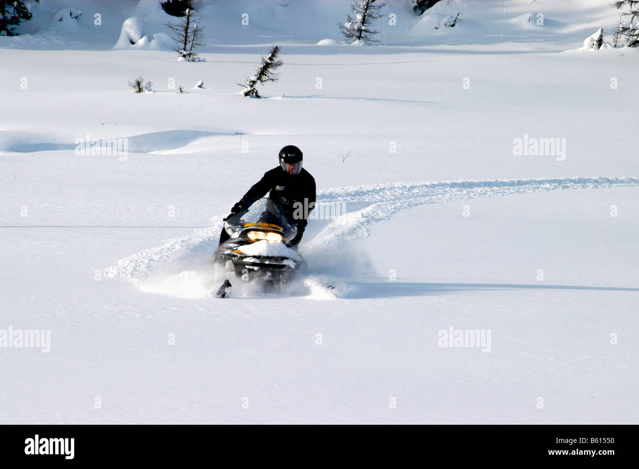 Snowmobile in snow landscape, Saguenay-Lac Saint Jean, Mont Valin Region, Quebec, Canada, North America Stock Photo