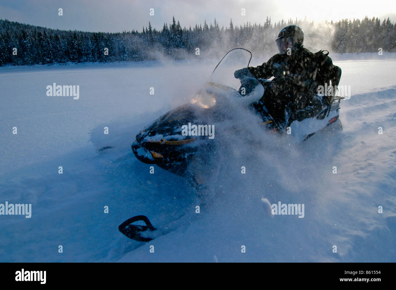 Snowmobile in snow landscape, Saguenay-Lac Saint Jean, Mont Valin Region, Quebec, Canada, North America Stock Photo