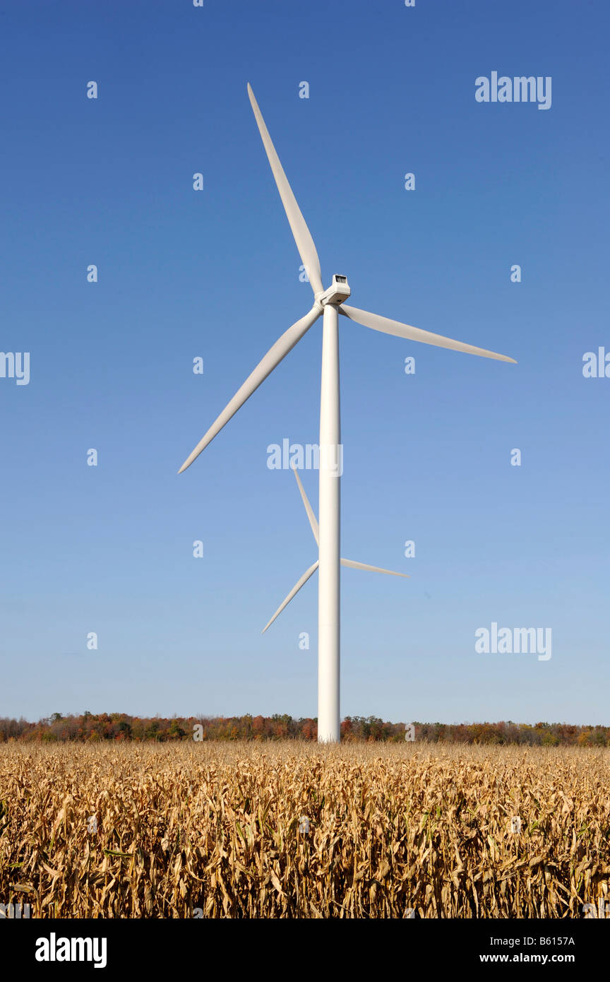 Minnesota wind turbine windmill on farm field generate electricity alternative energy Stock Photo