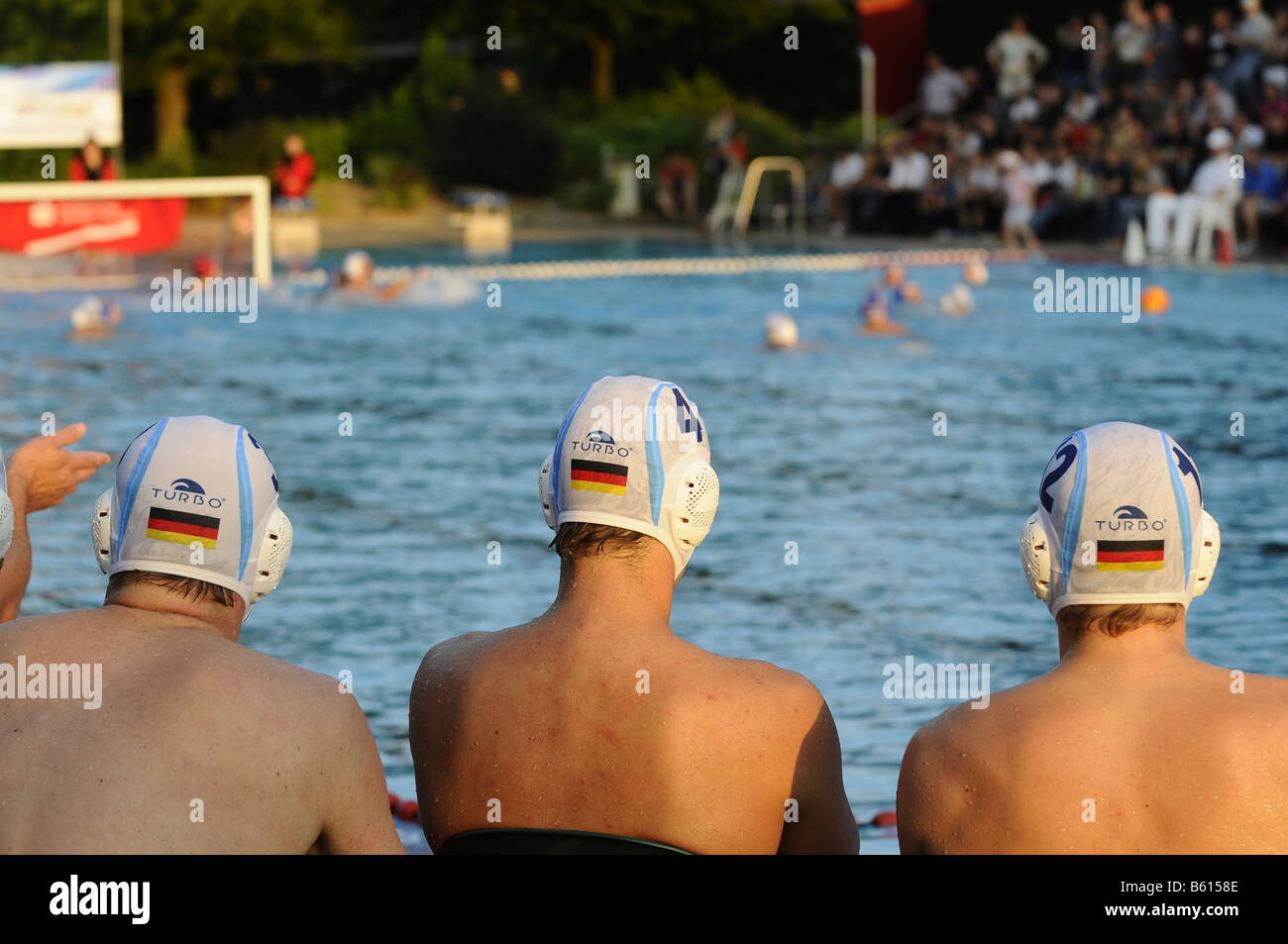 Water polo players, National Championships, Germany versus Croatia in the outdoor pool on the Neckarinsel, Esslingen Stock Photo