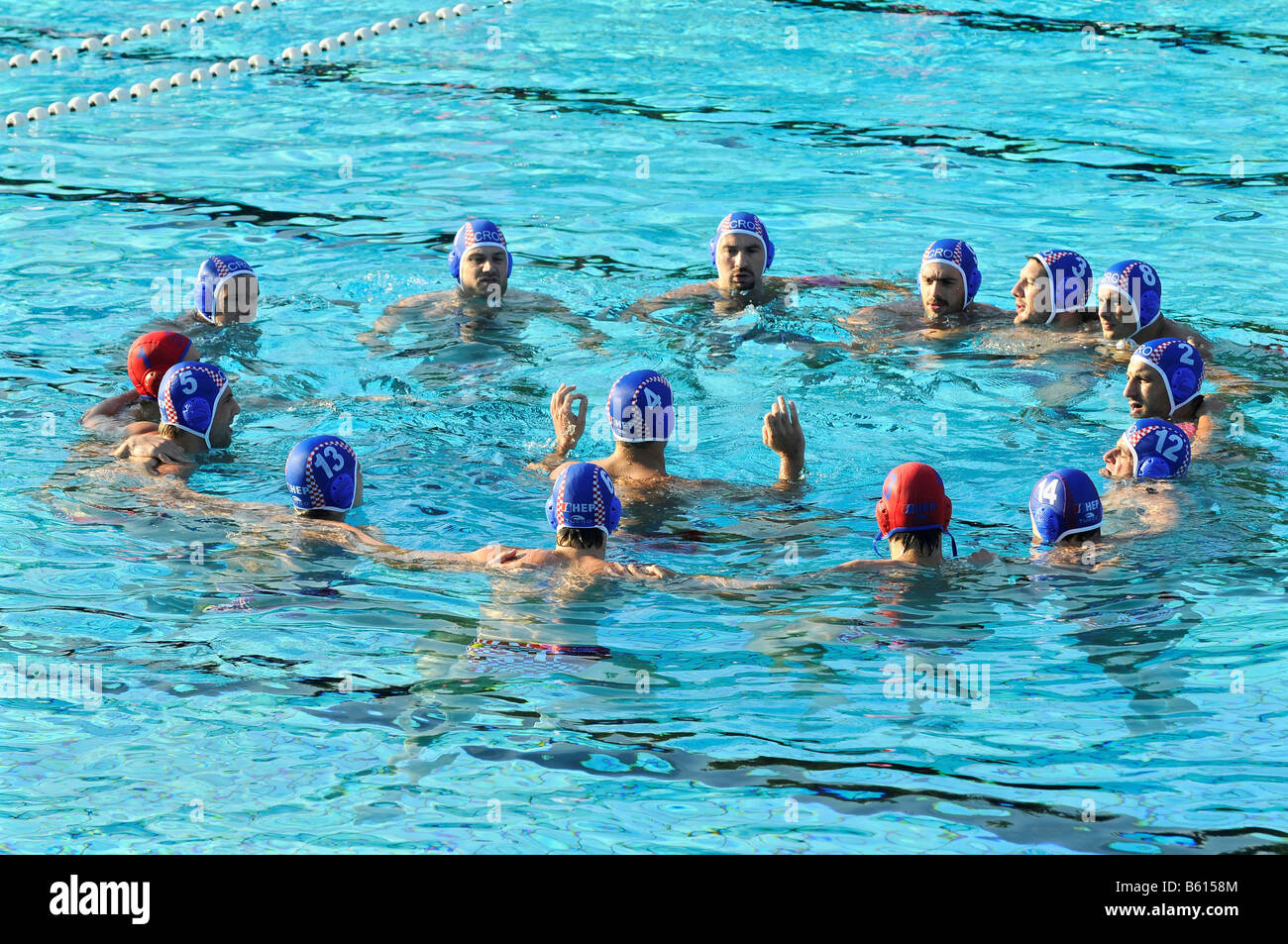 Croatian water polo team before the start of a game, National Championships, Germany versus Croatia in the outdoor pool on the Stock Photo