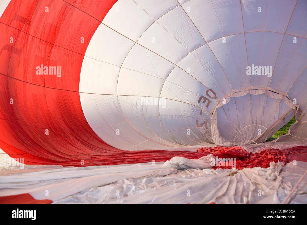 Hot air balloon launch preparation, blowing air into the envelope