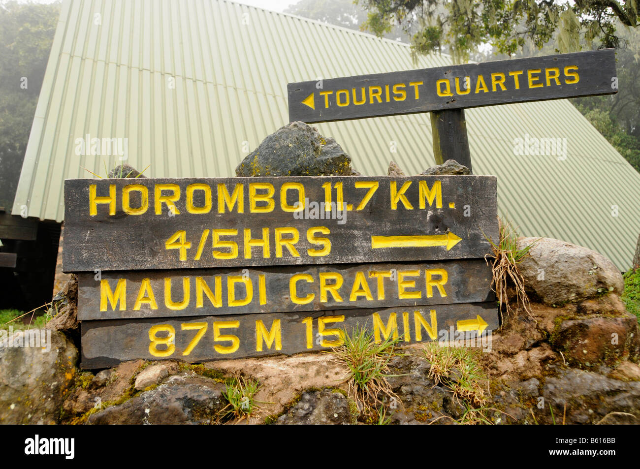 Signpost at the Mandara huts, Mount Kilimanjaro National Park, Tanzania, Africa Stock Photo