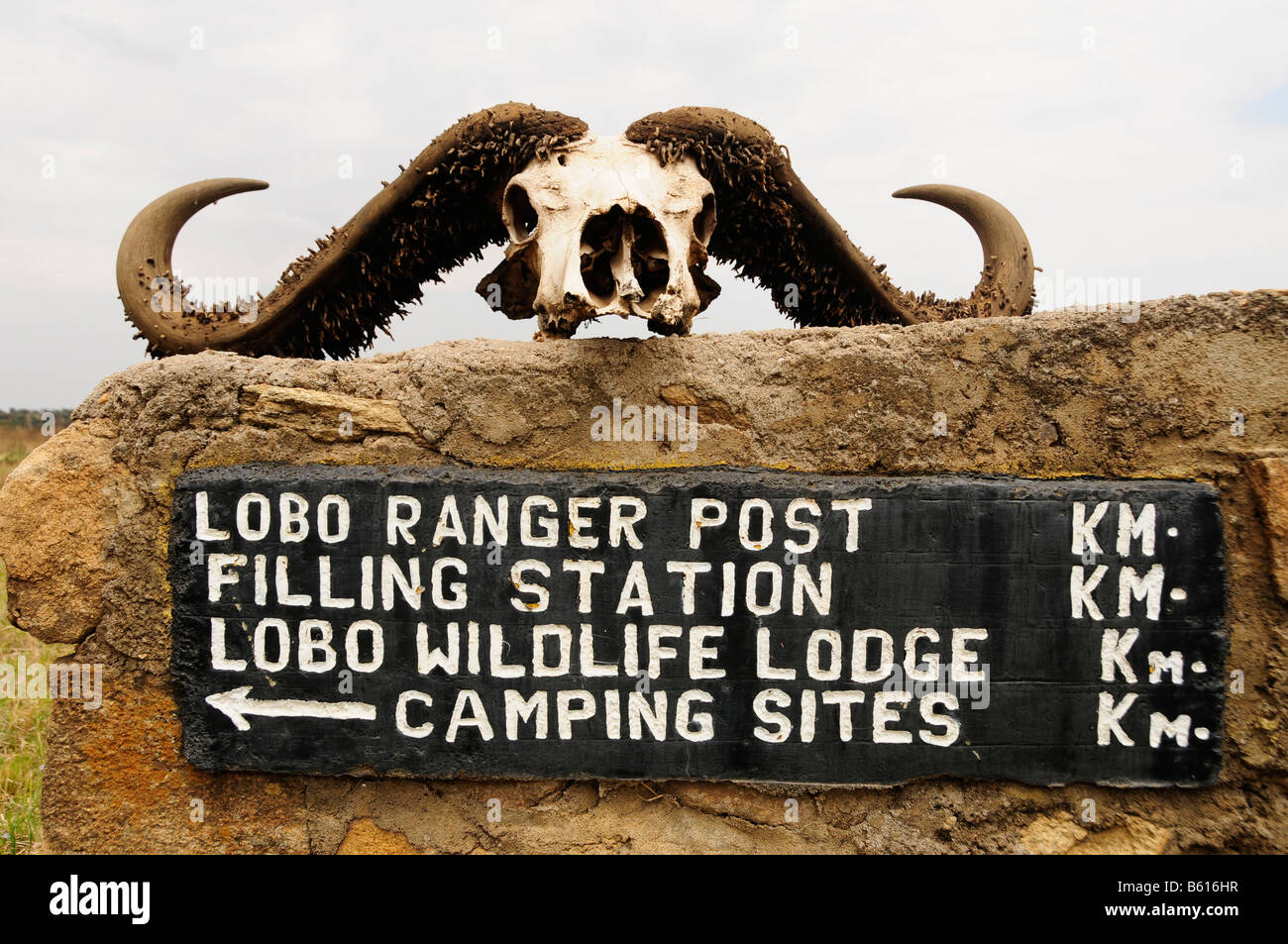 Signpost near the Lobo Wildlife Lodge, Serengeti National Park, Tanzania, Africa Stock Photo