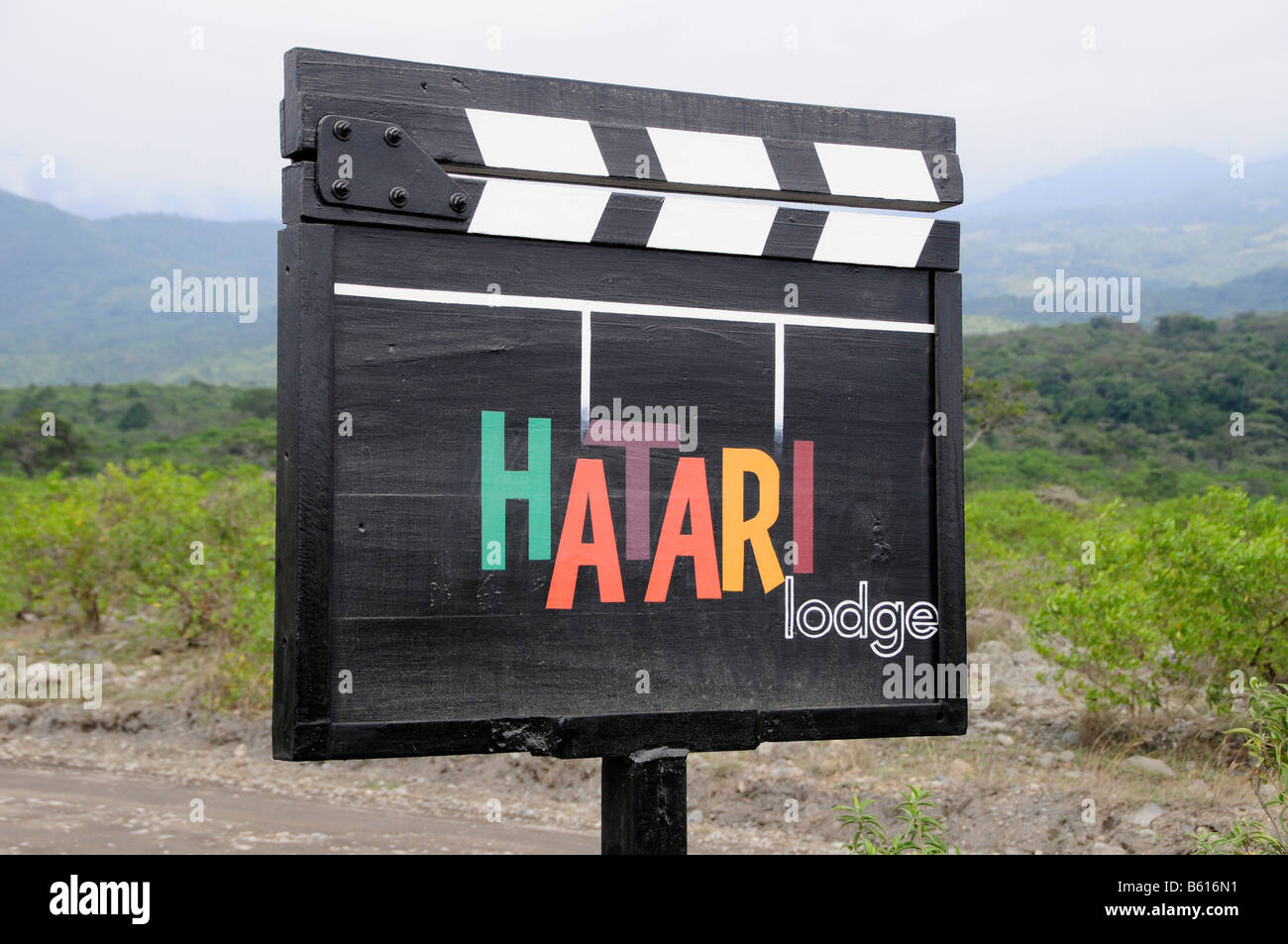 Sign at the entrance to Hatari Lodge, former Momella Farm of Hardy Krueger sen., Arusha National Park, Tanzania, Africa Stock Photo
