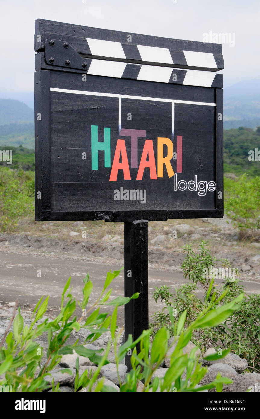 Sign at the entrance to Hatari Lodge, former Momella Farm of Hardy Krueger sen., Arusha National Park, Tanzania, Africa Stock Photo