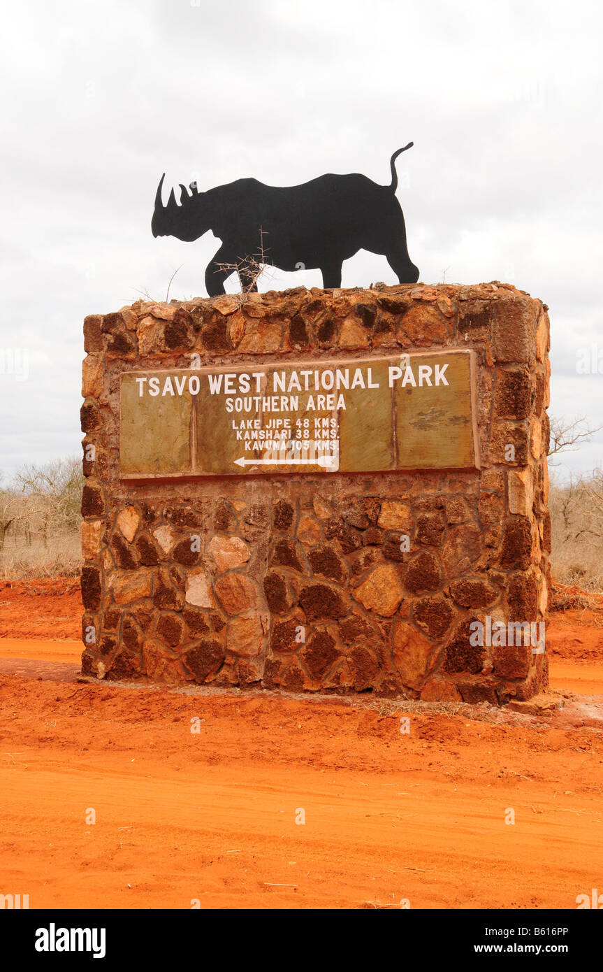 Sign with Rhino at the entrance to the Tsavo West National Park, Kenya, Africa Stock Photo