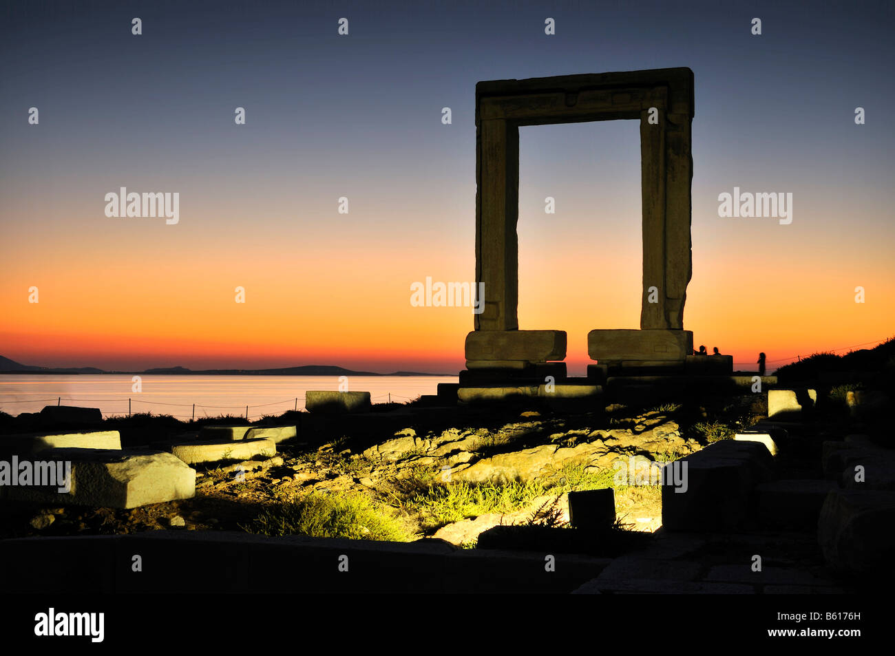 Gateway to antiquity, giant door or Portara of the Temple of Apollo at the town of Naxos, Cyclades Island Group, Greece, Europe Stock Photo