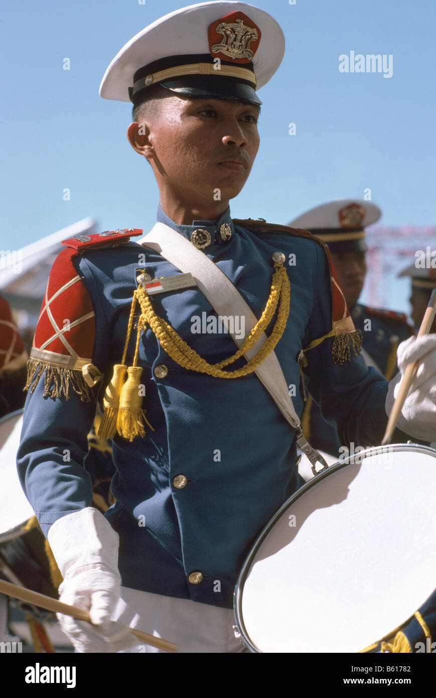 Drummer with Drum from Indonesia, Member of Naval Marching Band from KRI Dewaruci (Dewa Ruci) Tall Ship owned by Indonesian Navy Stock Photo