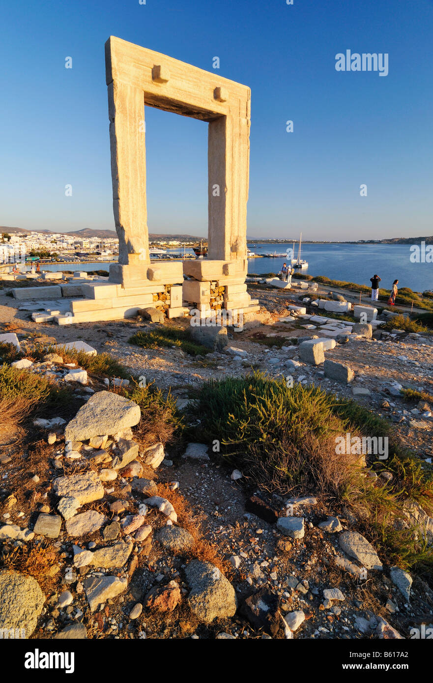 Gateway to antiquity, giant door or Portara of the Temple of Apollo at the town of Naxos, Cyclades Island Group, Greece, Europe Stock Photo